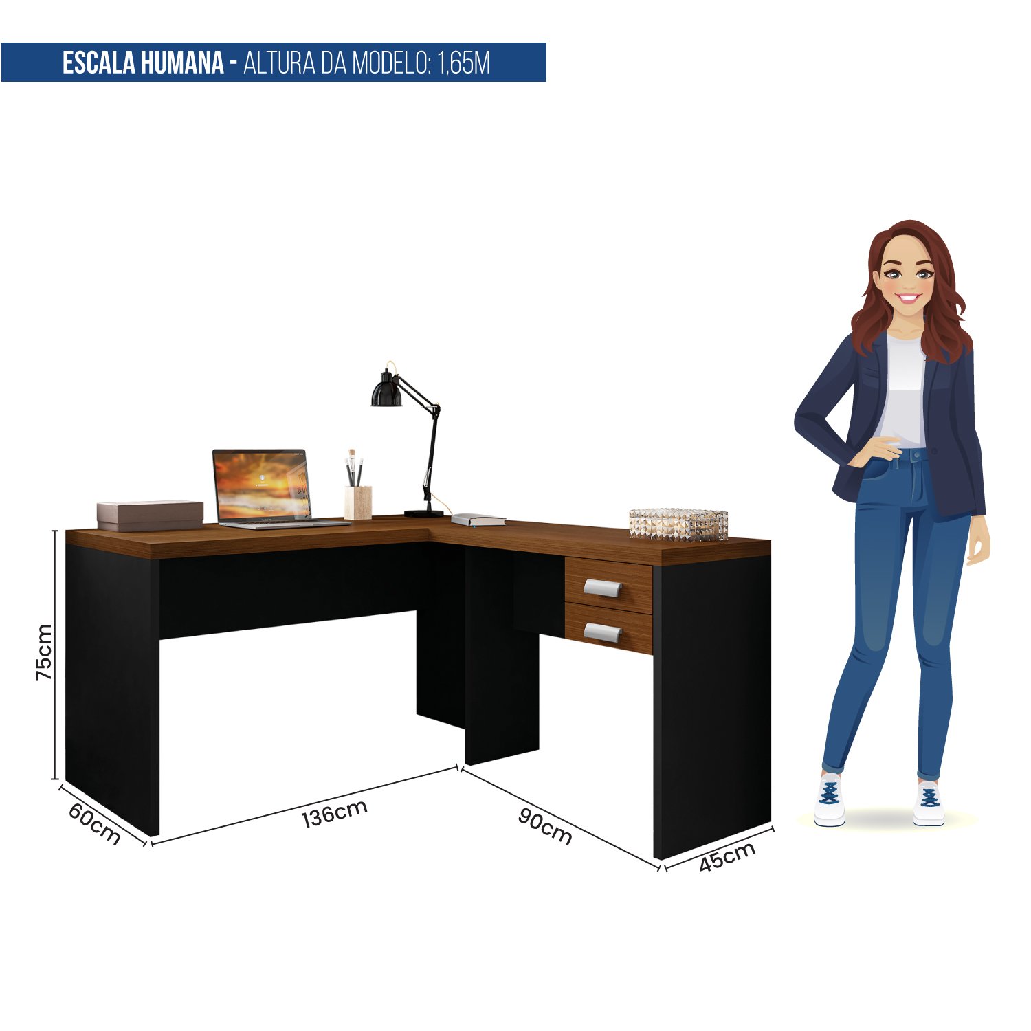 Mesa para Escritório em L 2 Gavetas Tampo em Tamburato Studio  - 5