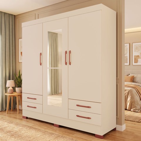 Guarda-Roupas Báltica 100% MDF 3 Portas 4 Gavetas c/ Kit de Espelhos e Pés
