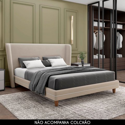 Cama Queen 160cm com Cabeceira Many P02 Veludo Bege - Mpozenato