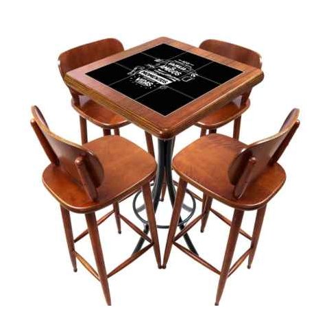 Cj Mesa Madeira Azulejo 60x60cm - Bistrô Fixa 98cm + 4 Banquetas 73 - Natural - Família e Amigos