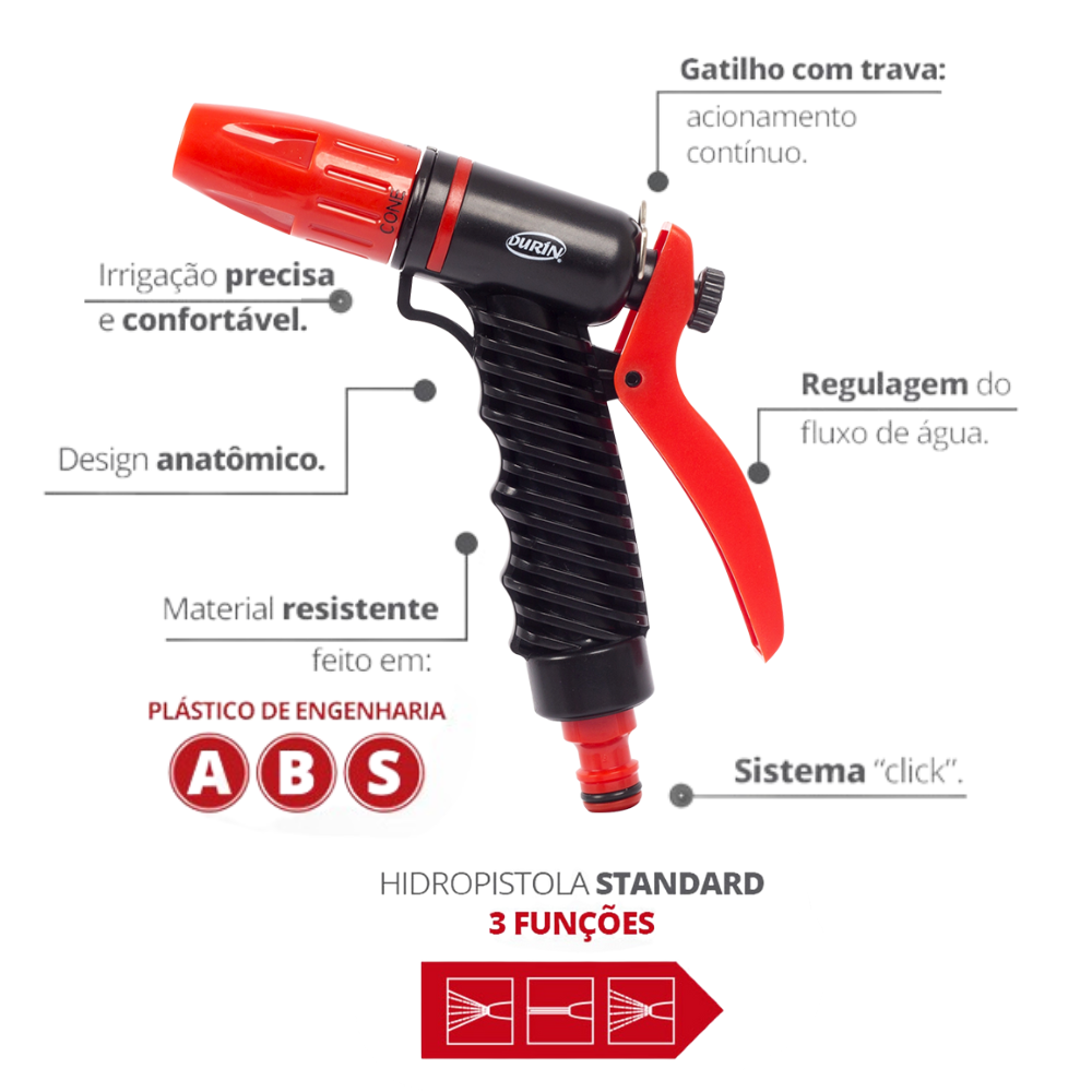 Hidropistola Standard 3 Funções Engate Rápido Cor Preto e Vermelho Durín - 2