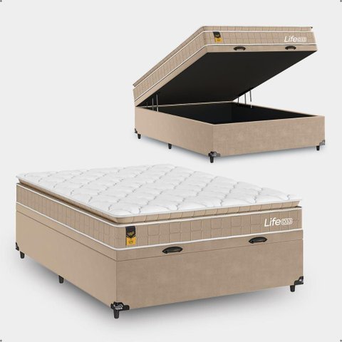 Cama Box Baú Viúva + Colchão Life D33 Pillow Top 61x128x188cm - Bege - e-Shop Casa