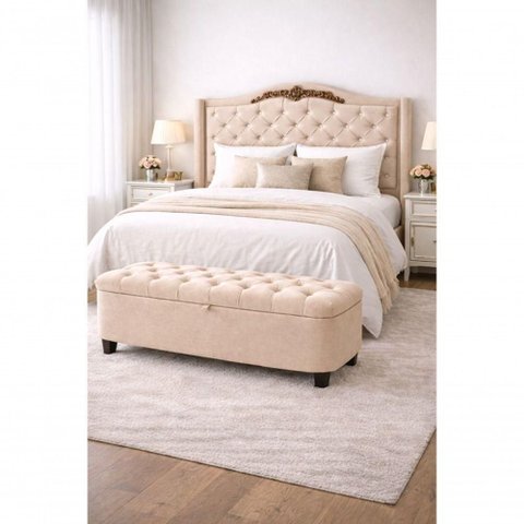 Kit Lisboa Cabeceira Cama Box e Calçadeira Baú Queen MDF Suede Porcelana do Lar