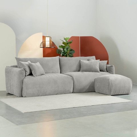 Conjunto Sofá 280cm e Puff Comfy CabeCasa MadeiraOriginals Cinza Mescla