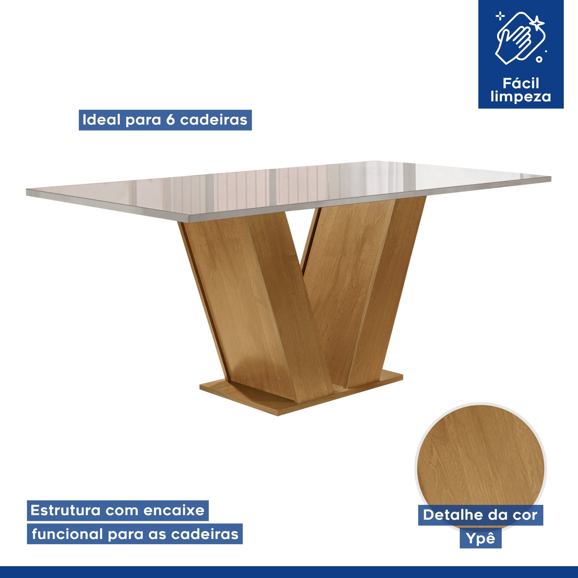 Conjunto Sala de Jantar Mesa 160x80cm Tampo MDF/Vidro com 6 Cadeiras Espanha Yescasa - 3