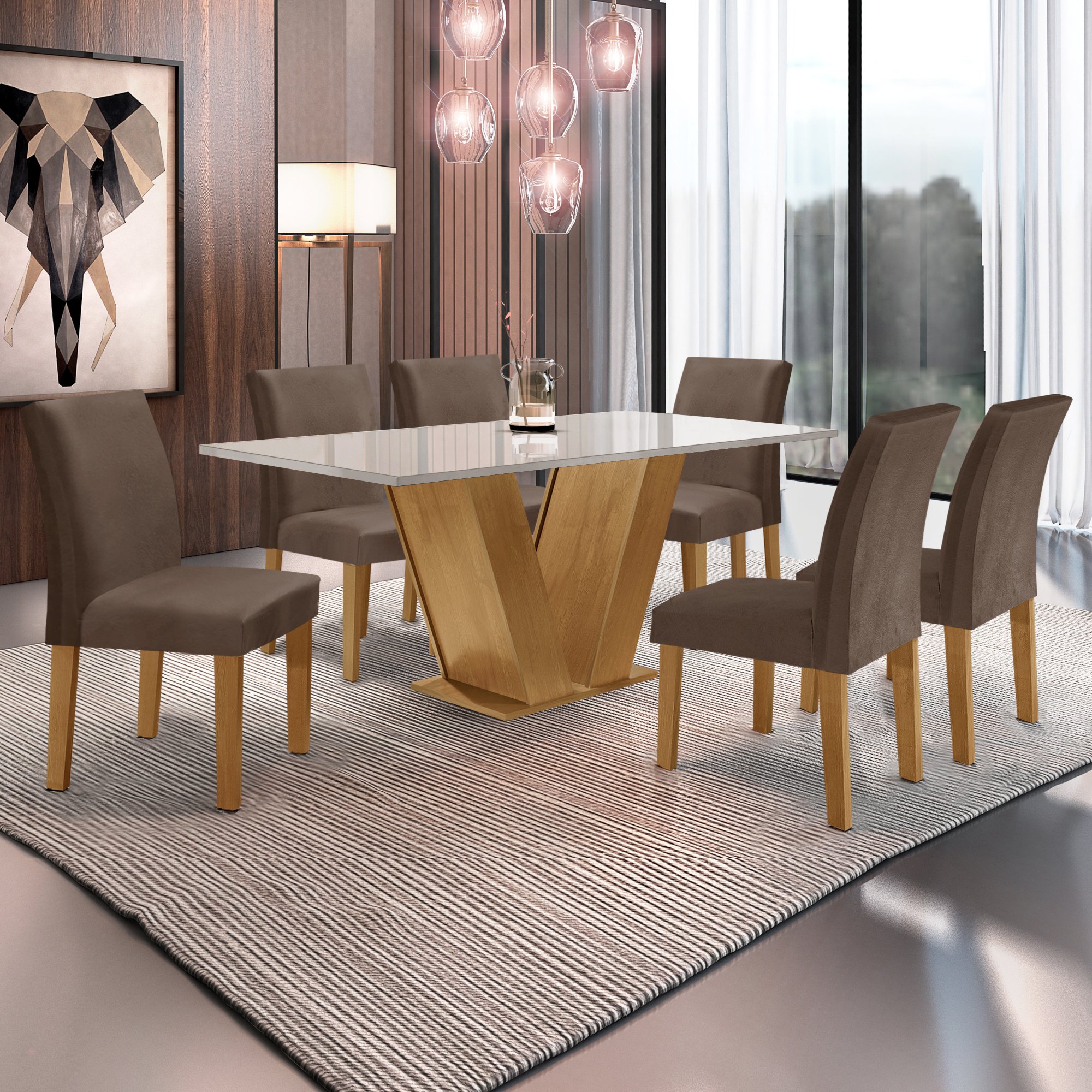 Conjunto Sala de Jantar Mesa 160x80cm Tampo MDF/Vidro com 6 Cadeiras Espanha Yescasa - 1