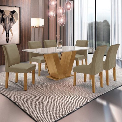 Conjunto Sala de Jantar Mesa 6 Cadeiras Tampo de Vidro Espanha Marrom Cinamomo/Off White/Bege
