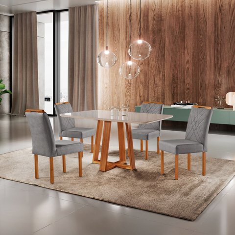 Conjunto Sala de Jantar 4 Lugares Mesa e Cadeiras Madeira Maciça 1.20x0.80 Linho Cinza Mescla