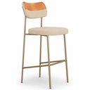 Ver imagem 2 de Kit 2 Banquetas Baixa Sala de Jantar Lisa Pés Champanhe Linho/PU Bege/Caramelo m² - Monari Design
