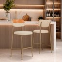 Ver imagem 1 de Kit 2 Banquetas Baixa Sala de Jantar Lisa Pés Champanhe Linho/PU Bege/Caramelo m² - Monari Design