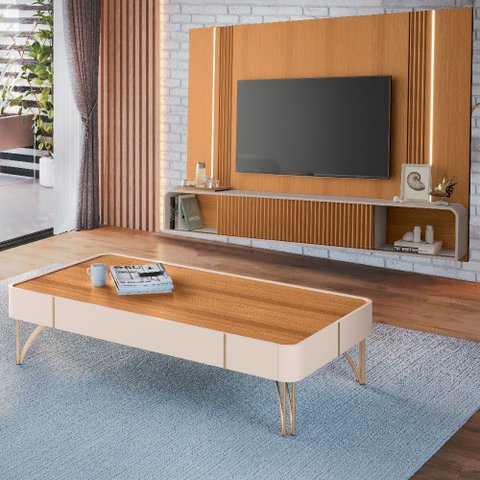 Painel Tv 85 Pol Empire e Mesa de Centro Cadenza Off/cinamomo - Hb Móveis