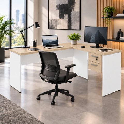 Mesa Escrivaninha 30mm 150cm em L com Gaveteiro Pés Painel F5 Office Cor:Macadâmia com Branco
