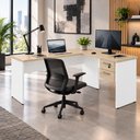 Ver imagem 1 de Mesa Escrivaninha 30mm 150cm em L com Gaveteiro Pés Painel F5 Office Cor:Macadâmia com Branco
