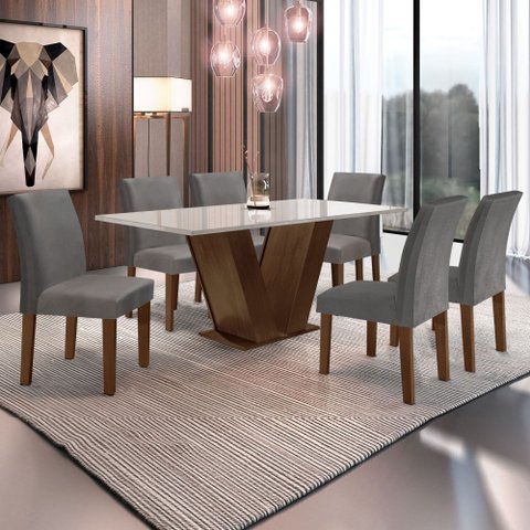 Conjunto Sala de Jantar Mesa 160x80cm Tampo Mdf/vidro com 6 Cadeiras Espanha Yescasa