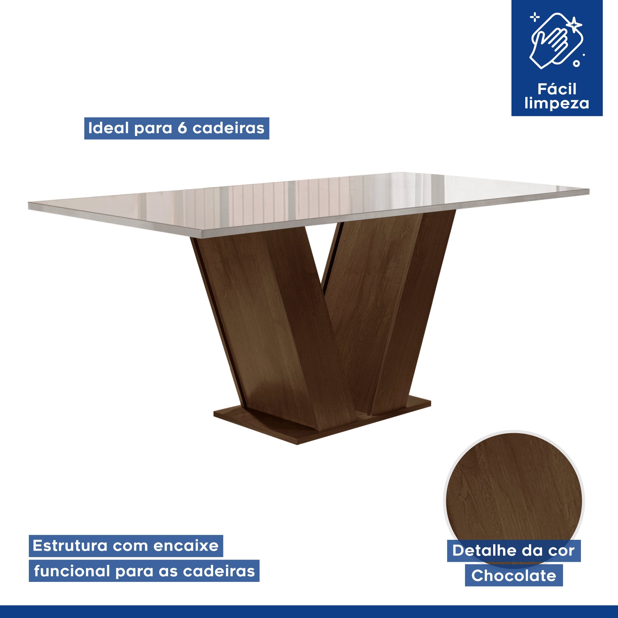 Conjunto Sala de Jantar Mesa 160x80cm Tampo MDF/Vidro com 6 Cadeiras Espanha Yescasa - 3