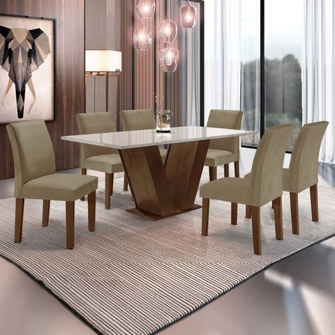 Conjunto Sala de Jantar Mesa 6 Cadeiras Tampo de Vidro Espanha Yescasa Marrom Off White/Bege