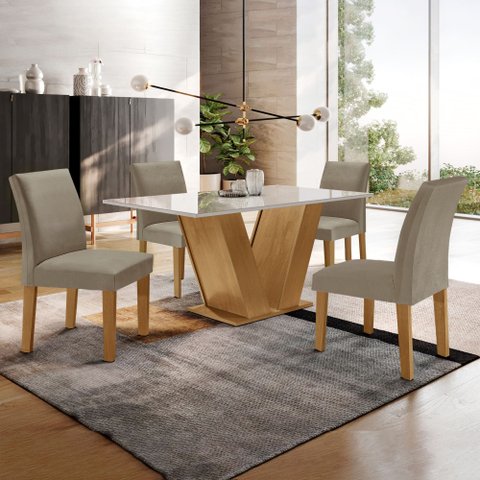 Conjunto Sala de Jantar Mesa 4 Cadeiras MDF e Vidro Espanha Yescasa Cinamomo/Off White/Veludo Bege Escuro