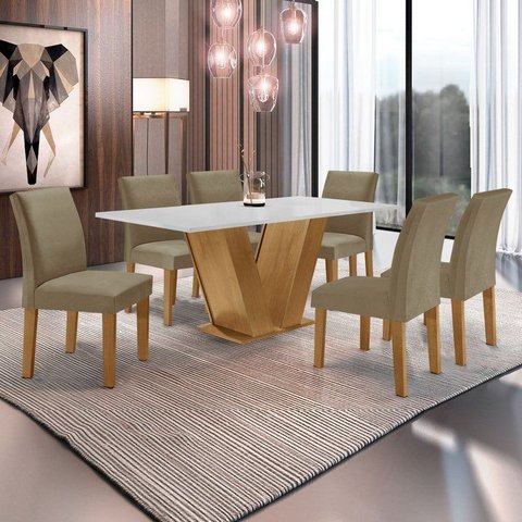 Conjunto Sala de Jantar Mesa 6 Cadeiras MDF Espanha Yescasa Cinamomo/Off White/Veludo Bege Escuro