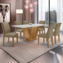 Ver imagem 1 de Conjunto Sala de Jantar Mesa 6 Cadeiras MDF Espanha Yescasa Cinamomo/Off White/Veludo Bege Escuro