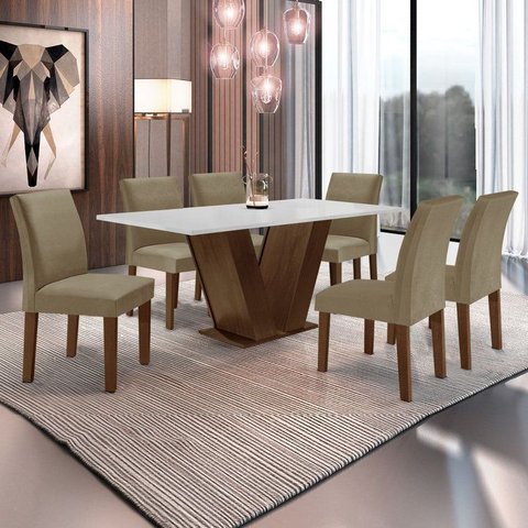 Conjunto Sala de Jantar Mesa 6 Cadeiras MDF Espanha Yescasa Marrom /Off White/Veludo Bege Escuro