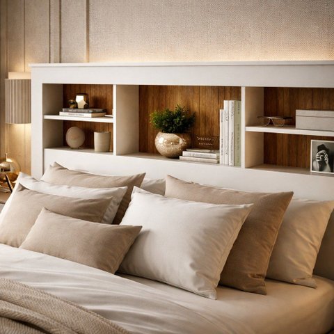Cabeceira Cama Box Casal Queen MDF Quarto com Prateleiras 167cm Lisboa:Branco/Nature