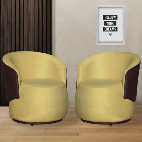 Kit 2 Poltronas Organica Beatriz Suede Amarelo C/ Composê Corano Marrom - Lm Decor