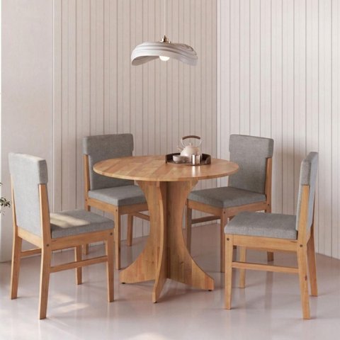 Conjunto Mesa Jantar Redonda 80cm 4 Cadeiras Madeira Estofadas Arezzo Amêndoa Cbmjra80