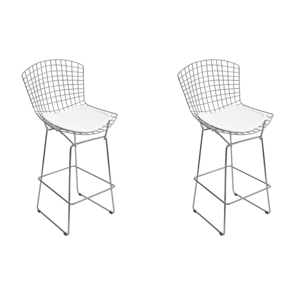 Kit 2 Banquetas Bertoia Cromada D80 com Assento Sintético Branco