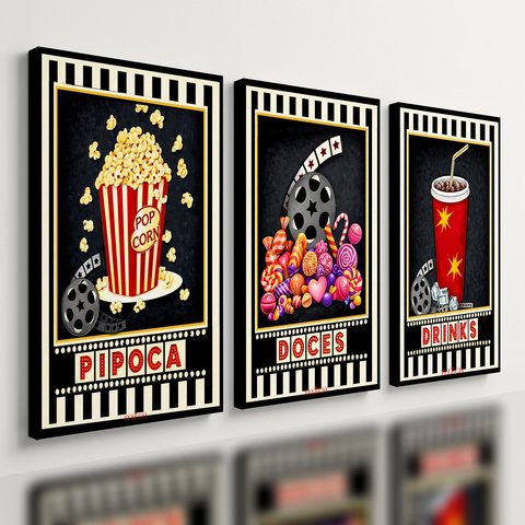 Kit 3 Quadro Decorativo para Cinema Pipoca Moderno Filme Qualidade Premium 28x20cm