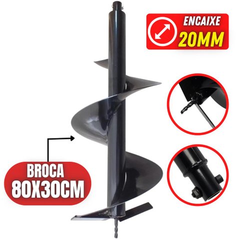 Broca Grande Para Perfurador de Solo 80x30cm Com Bitola do Eixo de Conexão Interna 20mm