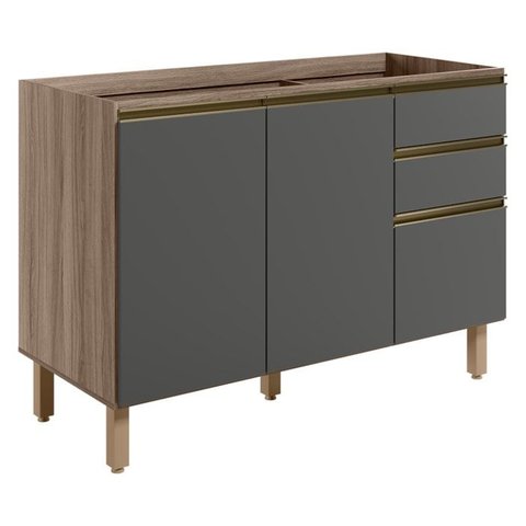 Balcao para Pia 2p 3g 120cm Mdf Kali 16417 Carvalho Toq Chumbo Nicioli