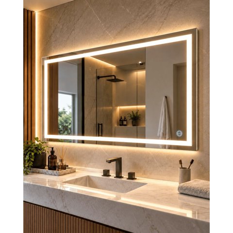 Espelho LED 100x90 Botão Touch Luz 3 Cores Fria Neutra Quente Jateado 90x100