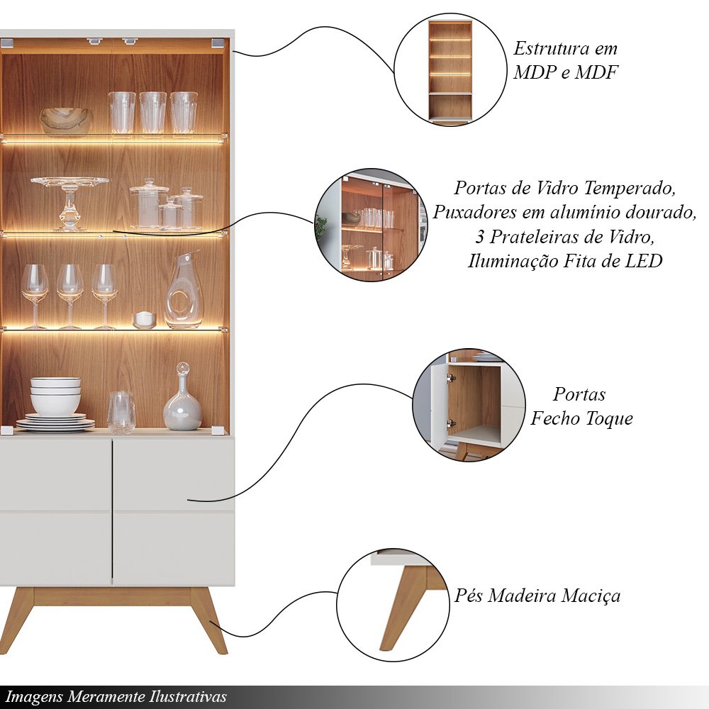 Conjunto 1 Cristaleira e 1 Buffet Decorativo Sala de Jantar Sancho Off White G73 - Gran Belo - 4