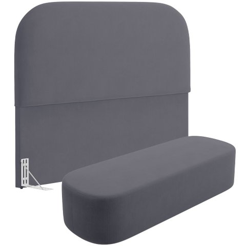 Cabeceira Cama Box Casal 160cm Lanna com Puff Recamier Doha W01 Suede Cinza - Lyam Decor