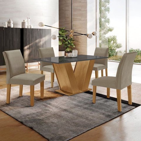 Conjunto Sala de Jantar Mesa Tampo de Vidro 4 Cadeiras MDF Espanha Cinamomo/Grafite/Veludo Bege