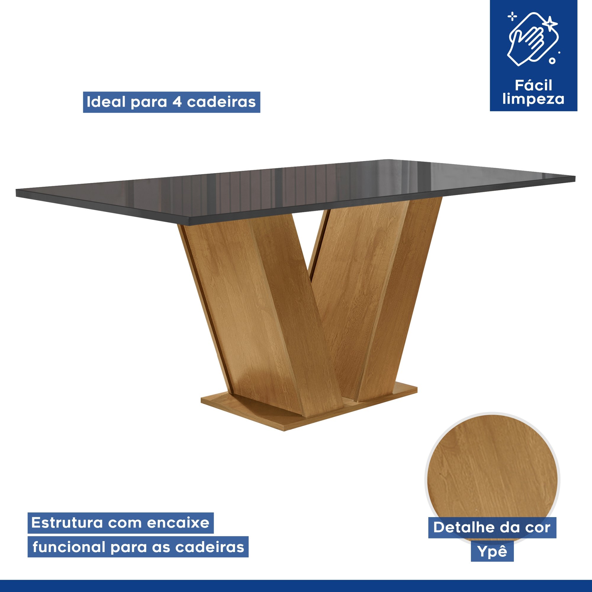 Conjunto Sala de Jantar Mesa 120x80cm Tampo MDF/Vidro com 4 Cadeiras Espanha Yescasa - 3