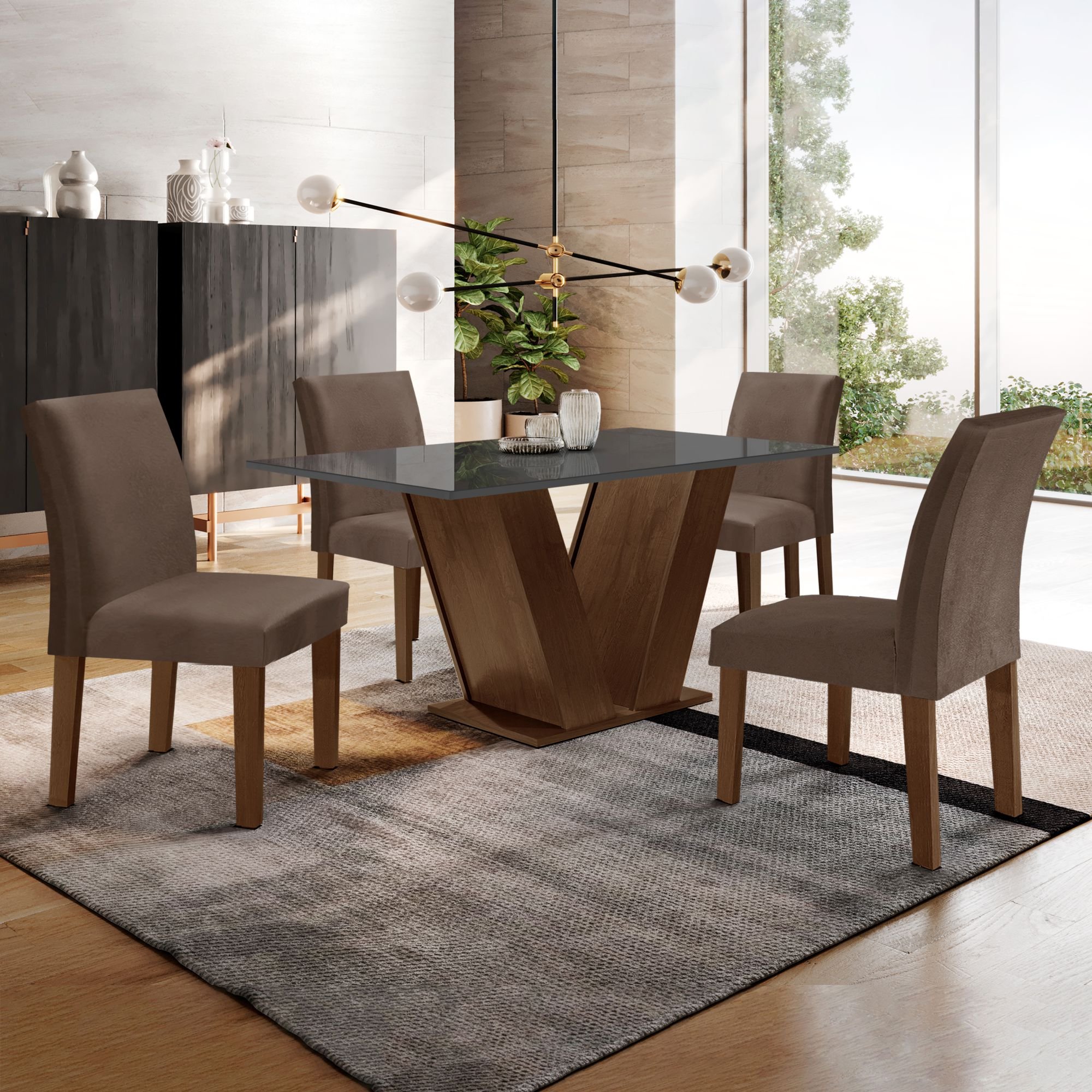 Conjunto Sala de Jantar Mesa 120x80cm Tampo MDF/Vidro com 4 Cadeiras Espanha Yescasa - 1