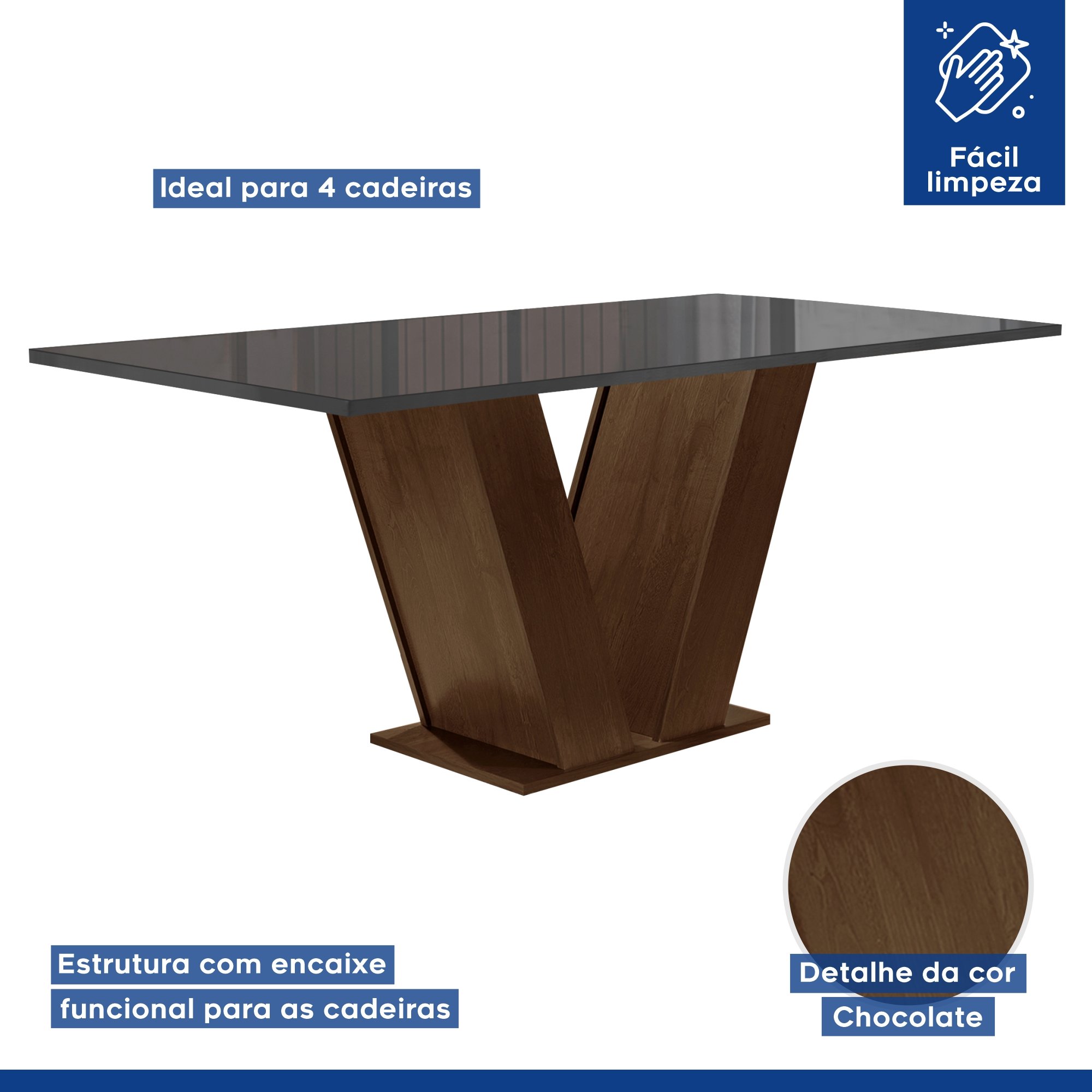 Conjunto Sala de Jantar Mesa 120x80cm Tampo MDF/Vidro com 4 Cadeiras Espanha Yescasa - 3