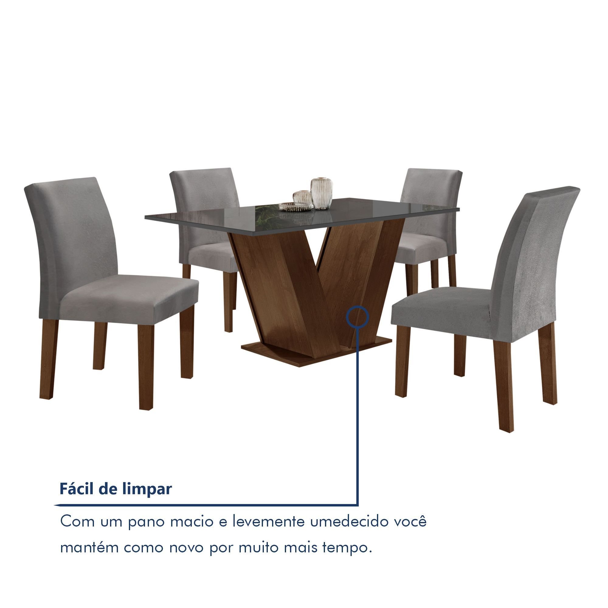 Conjunto Sala de Jantar Mesa 120x80cm Tampo MDF/Vidro com 4 Cadeiras Espanha Yescasa  - 8