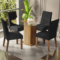 Conjunto Sala de Jantar Mesa Tampo de Vidro Redondo 4 Cadeiras Rustic/oxford Mile Madesa - 1