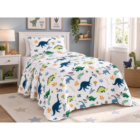 Kit Colcha Infantil Meninos Dupla Face Solteiro 160x240cm - Jurássico