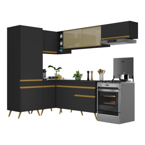 Armário de Cozinha Completa de Canto Veneza Multimóveis V2051 Preto/Dourado