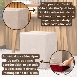 Capa de Puff Quadrado Avulsa Lisa Ajustável com Elástico - Tecido Veludo Suede Decoração Banquinho L - 5