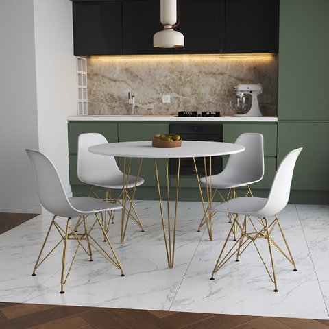 Mesa de Jantar Redonda 90cm Branca Clips 3 Pés com 4 Cadeiras Eames Eiffel Brancas Base Dourada