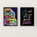 Ver imagem 2 de Kit 2 Quadros Leão A Vida É Da Cor Que A Gente Pinta 45x34cm - com vidro:Madeira preta