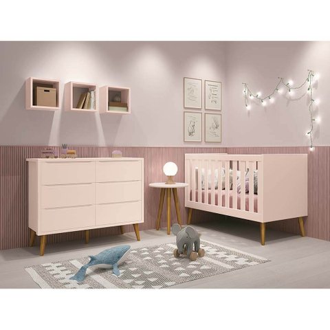 Kit Quarto Infantil Theo Madeira Rosa Fosco - Berço + Cômoda