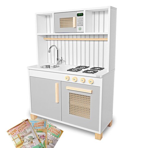 Kit Livro Cozinha Infantil Retro com Pia Fogão e Microondas - Cinza