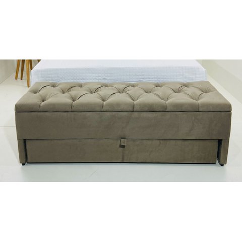 Puf Baú Recamier com Gaveta Casal 140x50x45cm Cor Areia - com Botôes na Mesma Cor