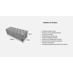 Puf Baú Recamier com Gaveta Casal 140x50x45cm Cor Areia - com Botôes na Mesma Cor - 3
