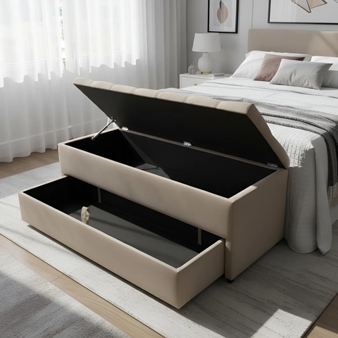 Puf Baú Recamier com Gaveta Casal 140x50x45cm Cor Areia - com Botôes na Mesma Cor